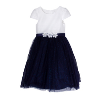 Платье (3-7) - в мелкую полоску, на поясе- 3 цветка, юбка сетка с синими жемчужинками бело/синий 1 20149