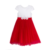 Платье (3-7) - в мелкую полоску, на поясе- 3 цветка, юбка сетка с красными жемчужинками бело/красный 1 20149