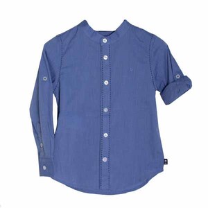 Рубашка (92-116)-рукав с подворотом,воротник стойка, крупная полоса голубой лён 719243-9223