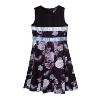 Платье (122-162)-розы с бабочками,белая и голубая атласная лента, юбка втречная складка чёрный атлас 318211-Н