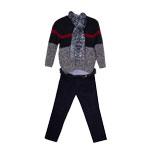 Костюм (12м-3) 4-ка , кофта букле с красной полоской+рубашка клетка+брюки т.синиие с ремнем+ шарф синий хлопок 8904