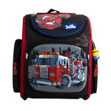 Рюкзак (ортопедический)-Пожарная машина  на жёстком  кармане, нашивки, эмблемы, с брелком -Минион чёрный 3-130