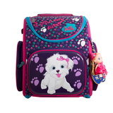 Рюкзак (ортопедический)-Собачка с розовым бантиком  на жёстком  кармане, брелок-куколка розовый с фиолетовым 3-129